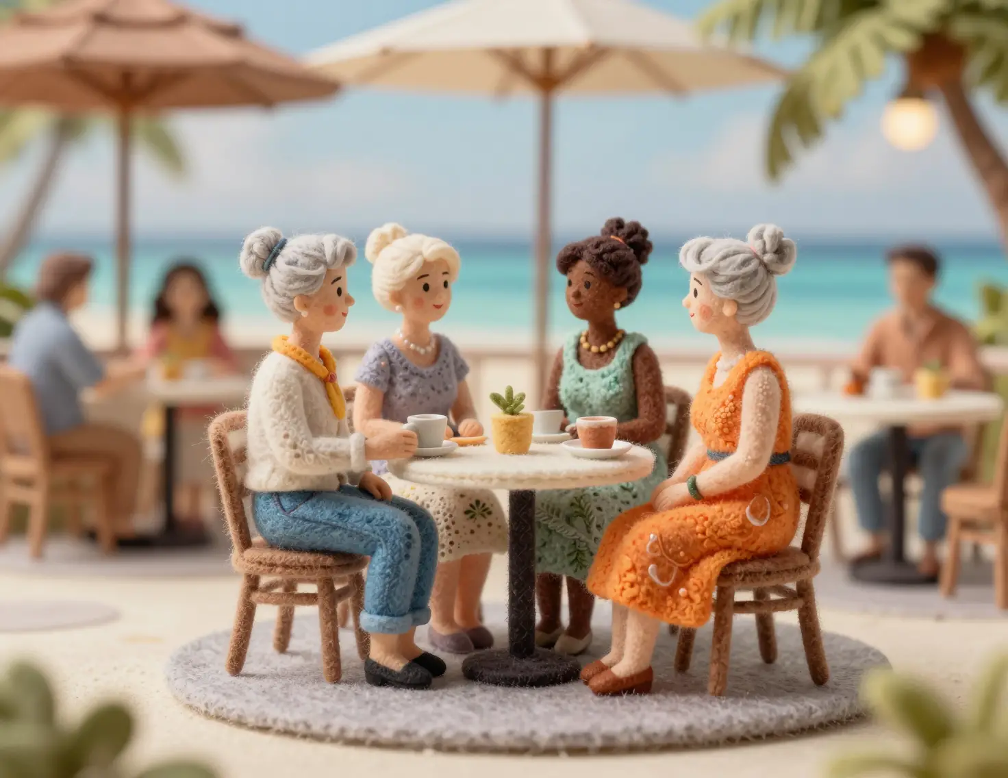 Donne anziane eleganti in una scena di caffè in miniatura di feltro