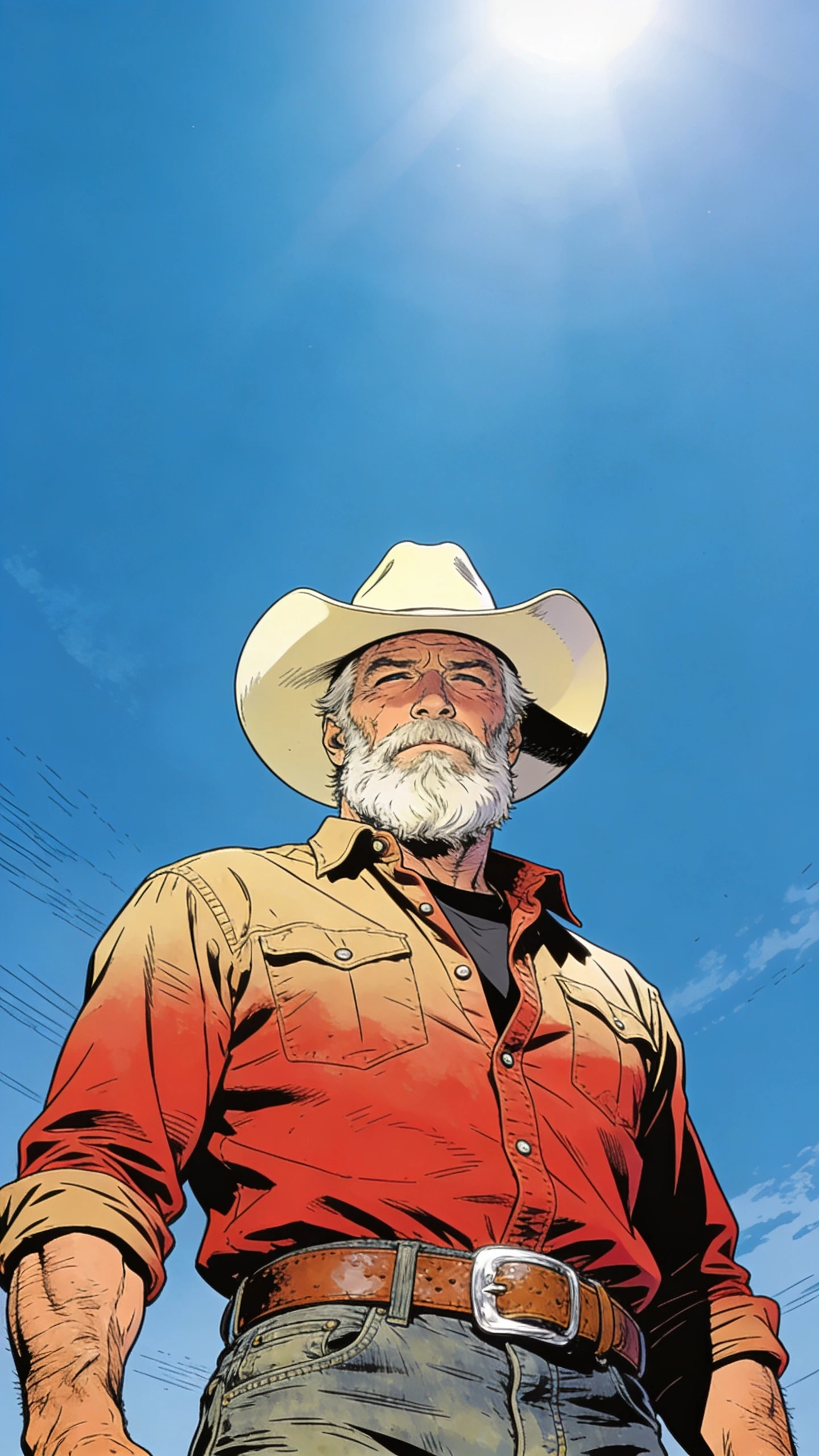 Vaquero barbudo con camisa roja bajo un cielo azul despejado