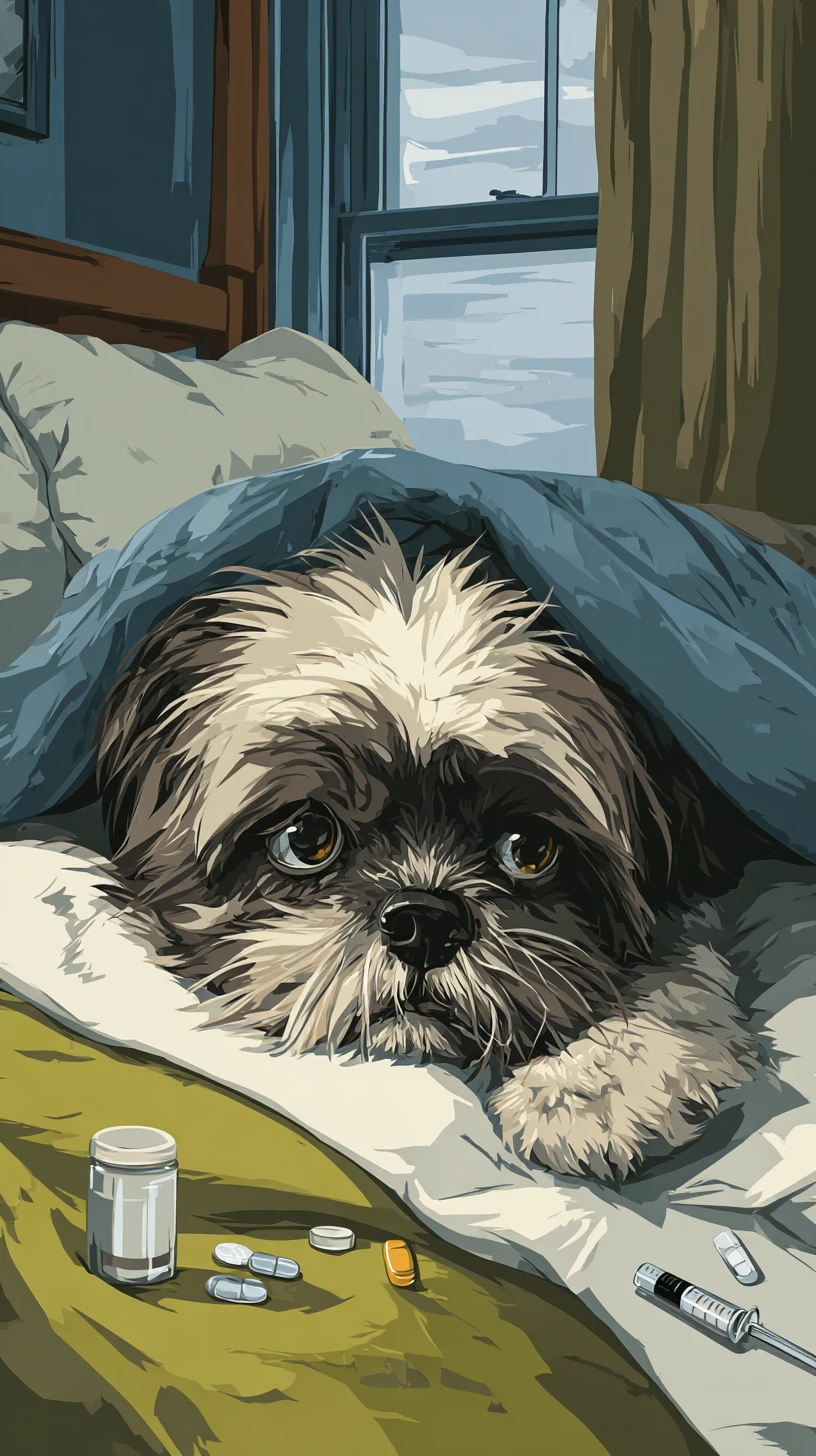 Cão shih tzu doente chorando na cama com remédios