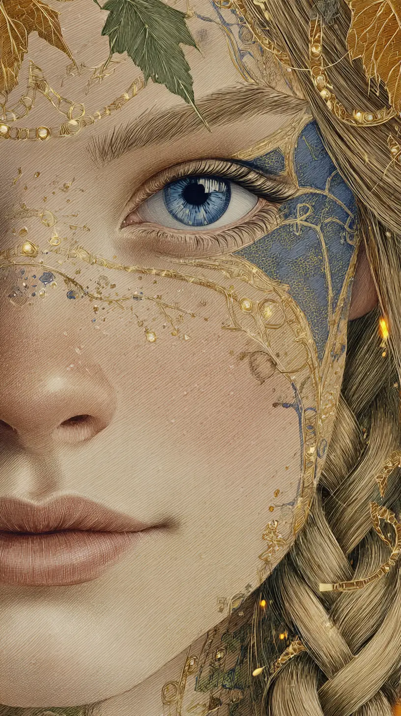 Ethereal Celtic goddess close up in watercolor ink style