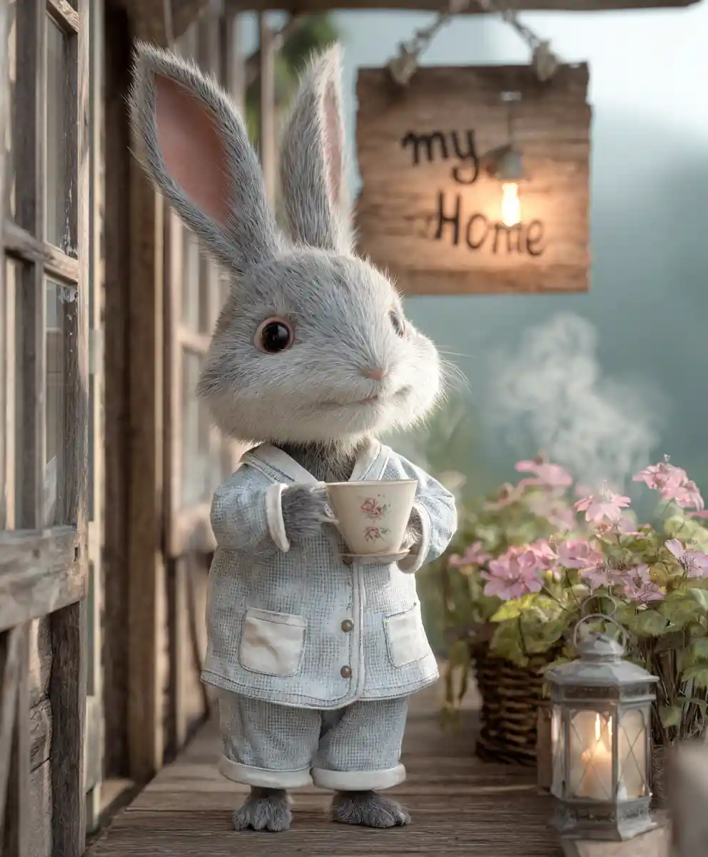 Anthropomorphic Rabbit In Pajamas Holding Coffee On Balcony