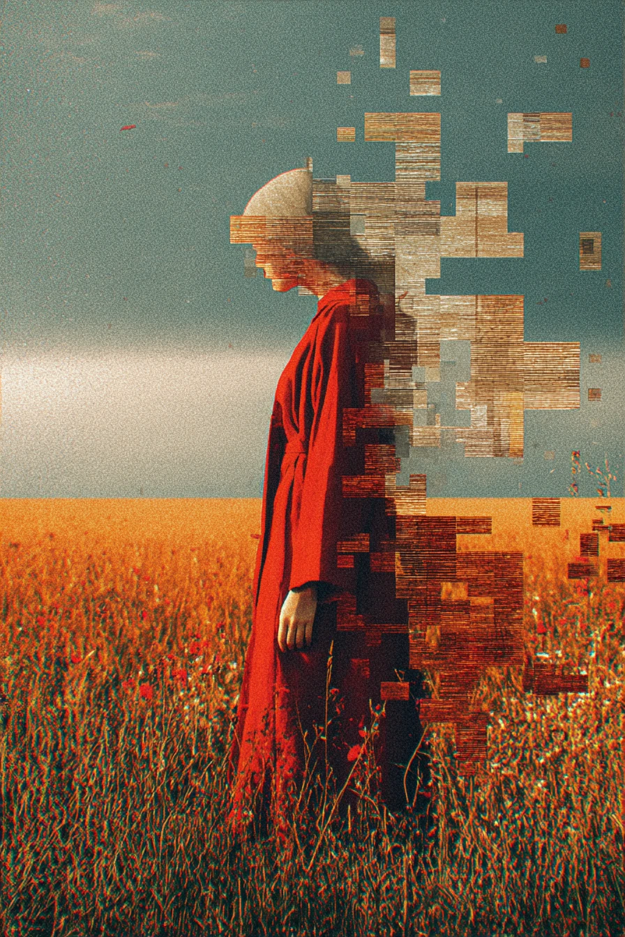 Mulher surreal se dissolvendo em um espaço onírico vermelho com glitch