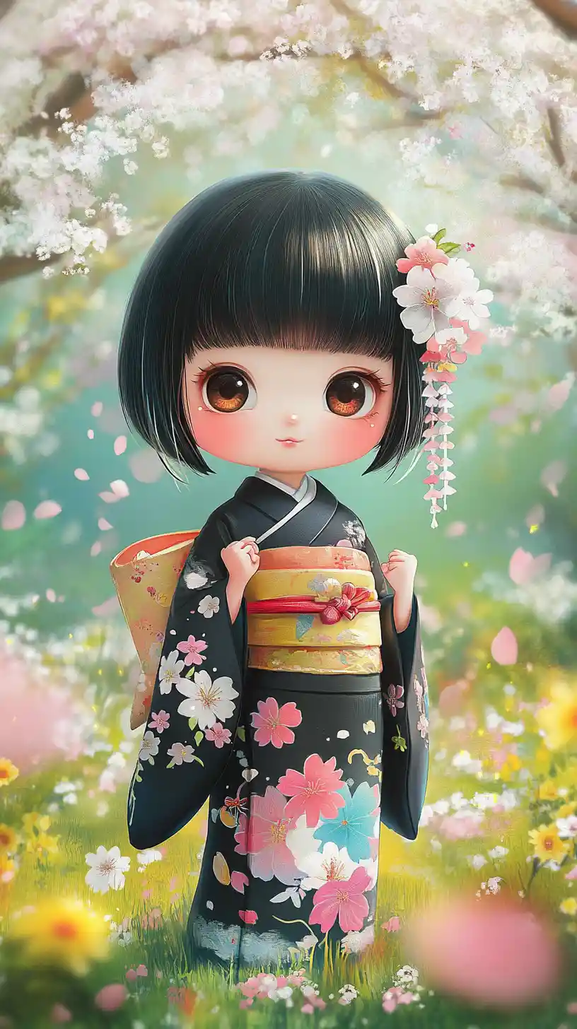 Cute chibi girl in a spring flower garden