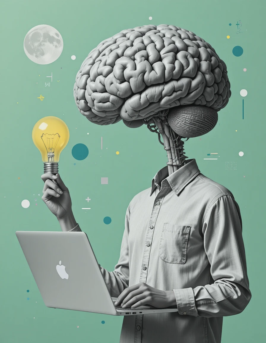 Figura de collage surreal con cabeza de cerebro usando portátil y bombilla