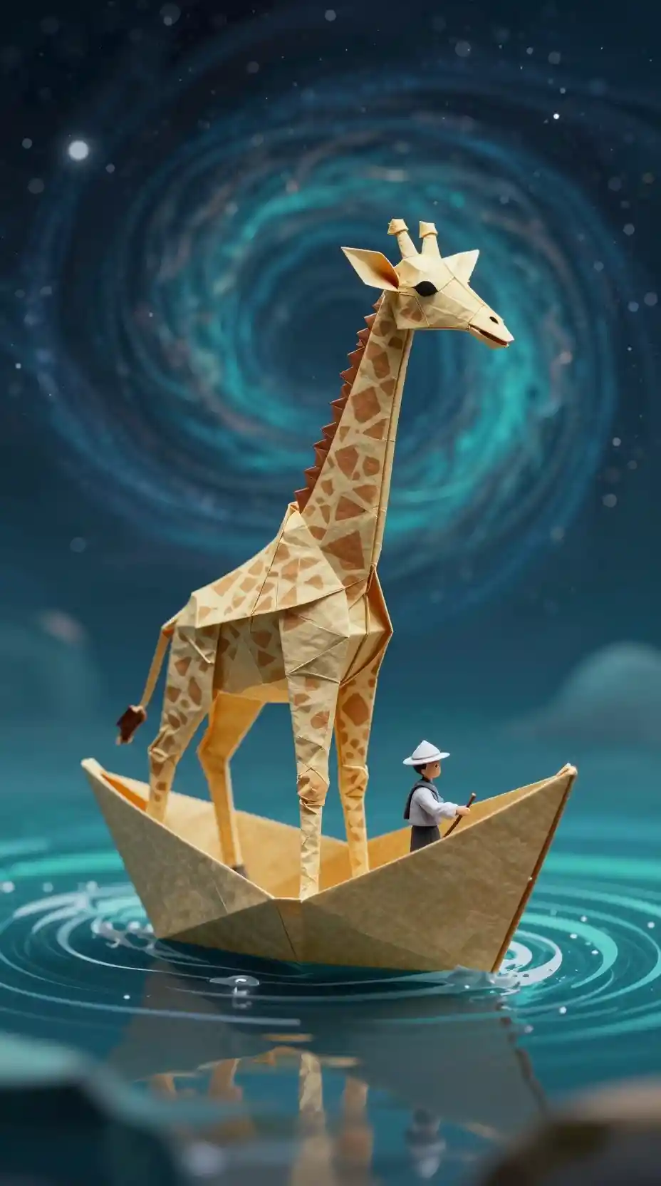 Origami giraffe boat sailing through a surreal cosmic ocean