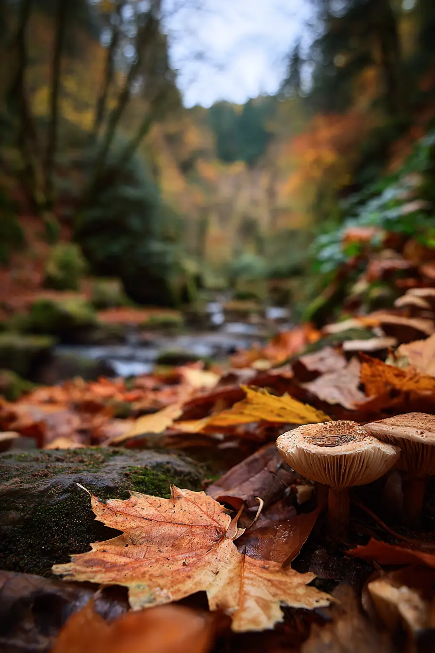 Herbstschlucht mit fallenden Blättern und stillem Wasser