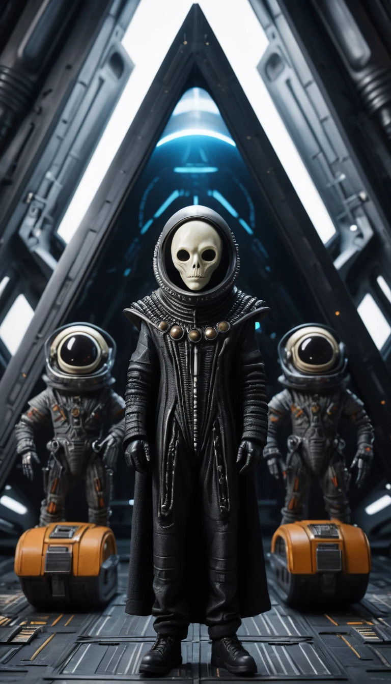 Criatura alienígena em interior de nave espacial futurista com tema de pirâmide