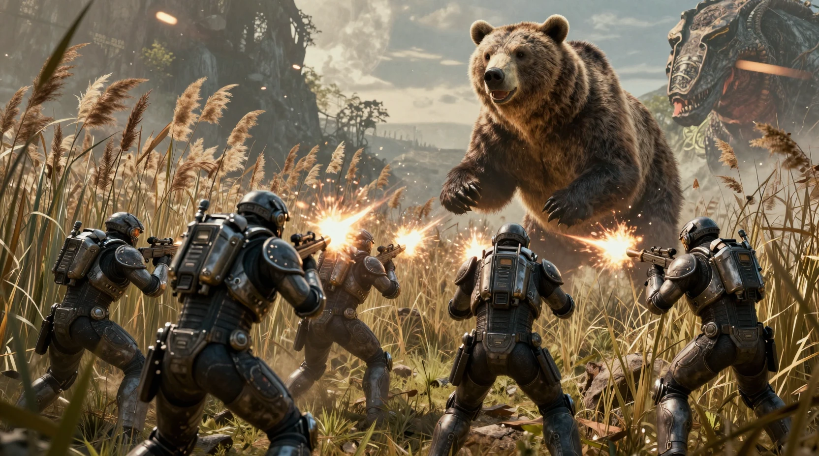 Guerreiros futuristas enfrentando um urso pré-histórico colossal