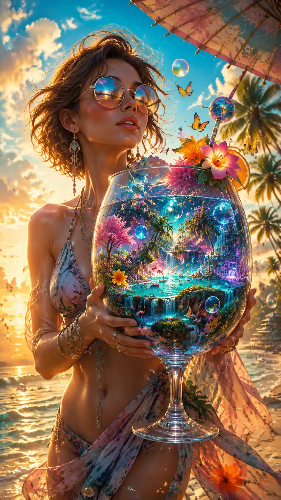 手拿星系雞尾酒的時尚女子在熱帶海灘