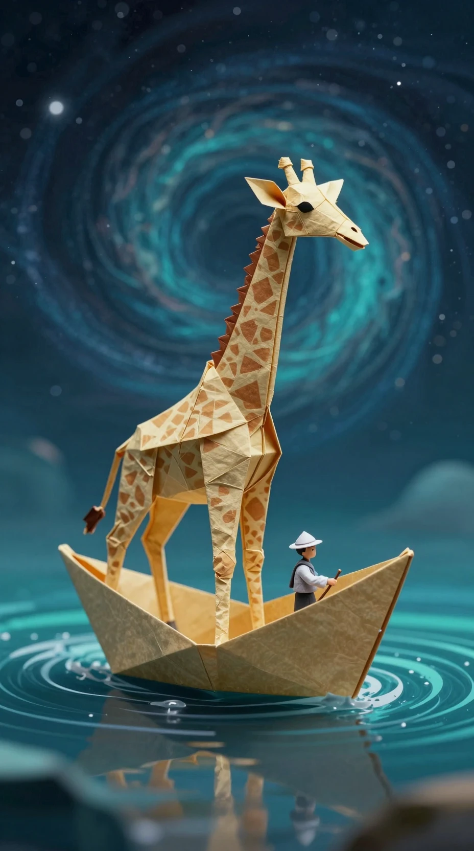 Origami giraffe boat sailing through a surreal cosmic ocean