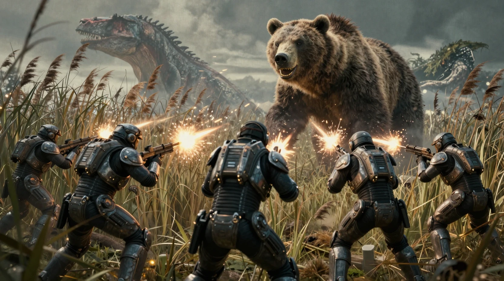 Guerreiros futuristas enfrentam um urso pré-histórico gigante entre juncos