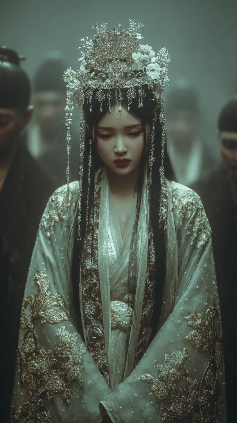 Solemn anime woman in jade robes with ornate headdress