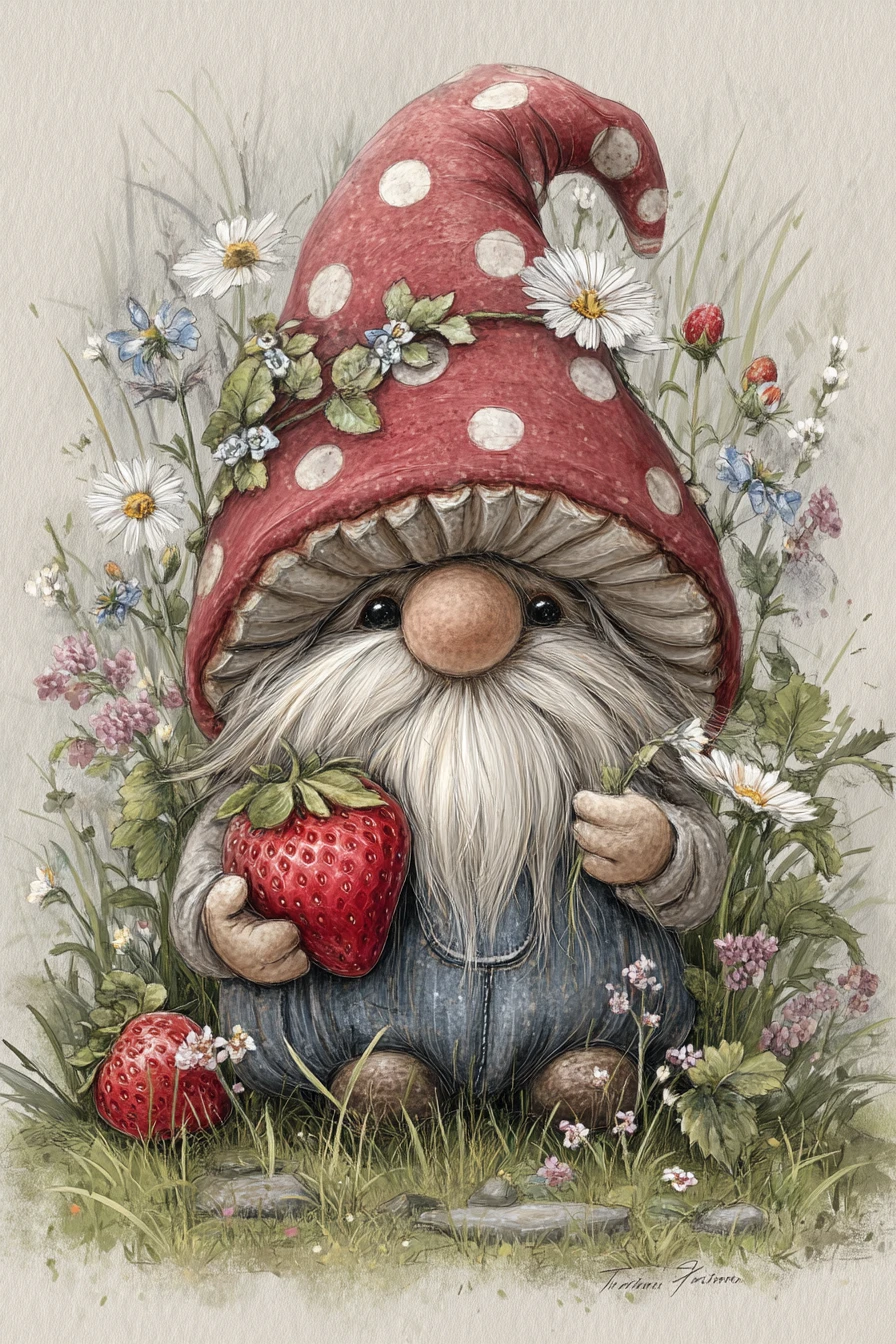 Adorable gnome avec chapeau champignon tenant une fraise