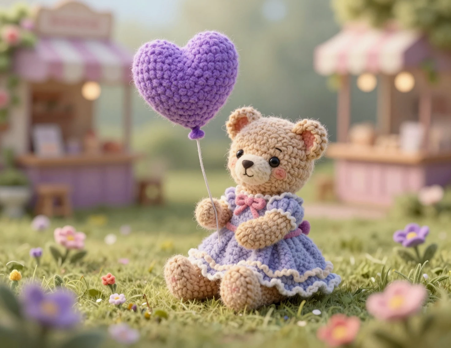 Orsetto con palloncino a cuore viola nel prato di feltro