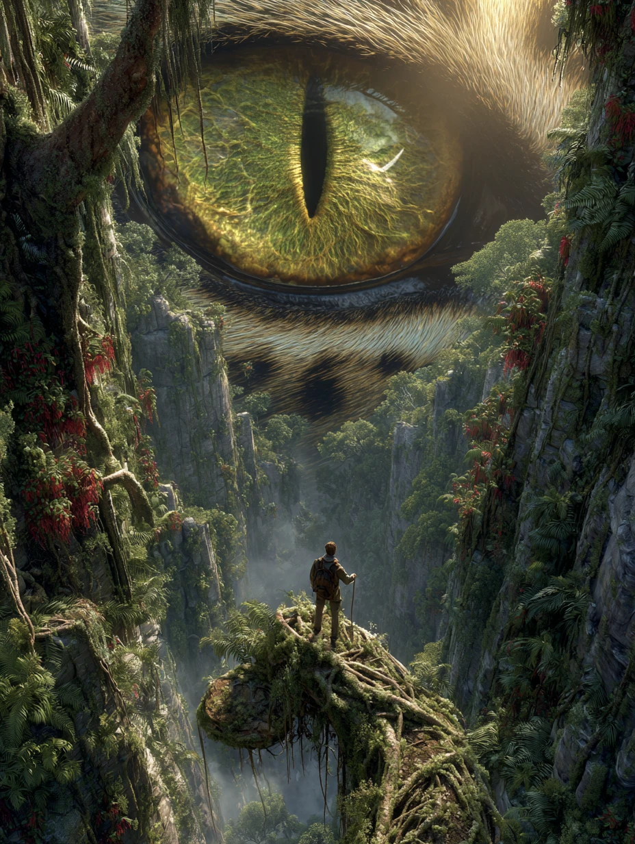 Explorateur sur un pont de lianes devant l’immense falaise en œil de dragon