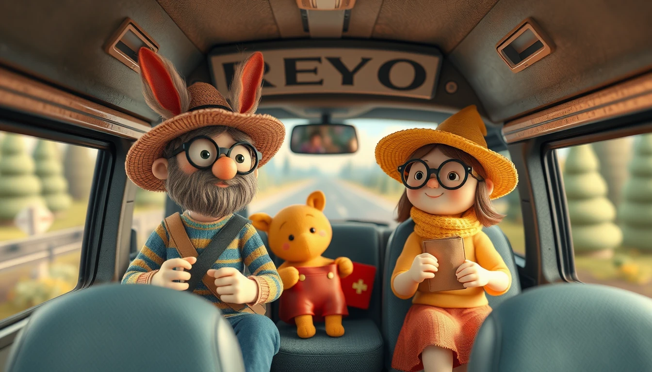 Personagens de argila brincalhões em um ônibus nas férias de verão