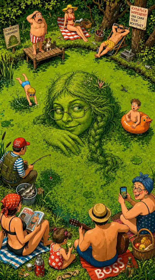 Rostro de mujer en dibujo animado en lago con lentejas de agua visto desde arriba