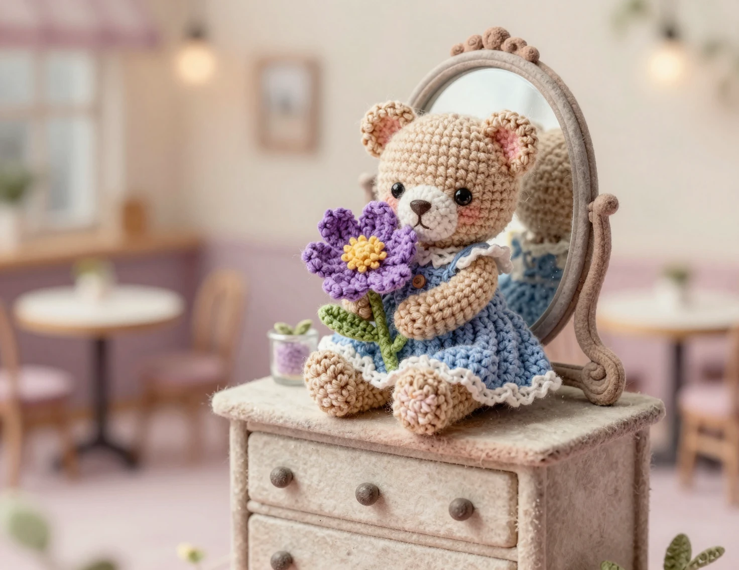 Gehäkelter Teddybär mit Blume auf der Kommode