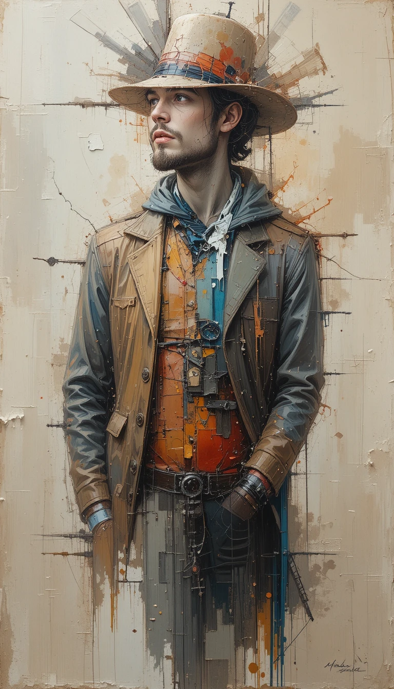 Abstract male profile in thick neutral toned paint lines