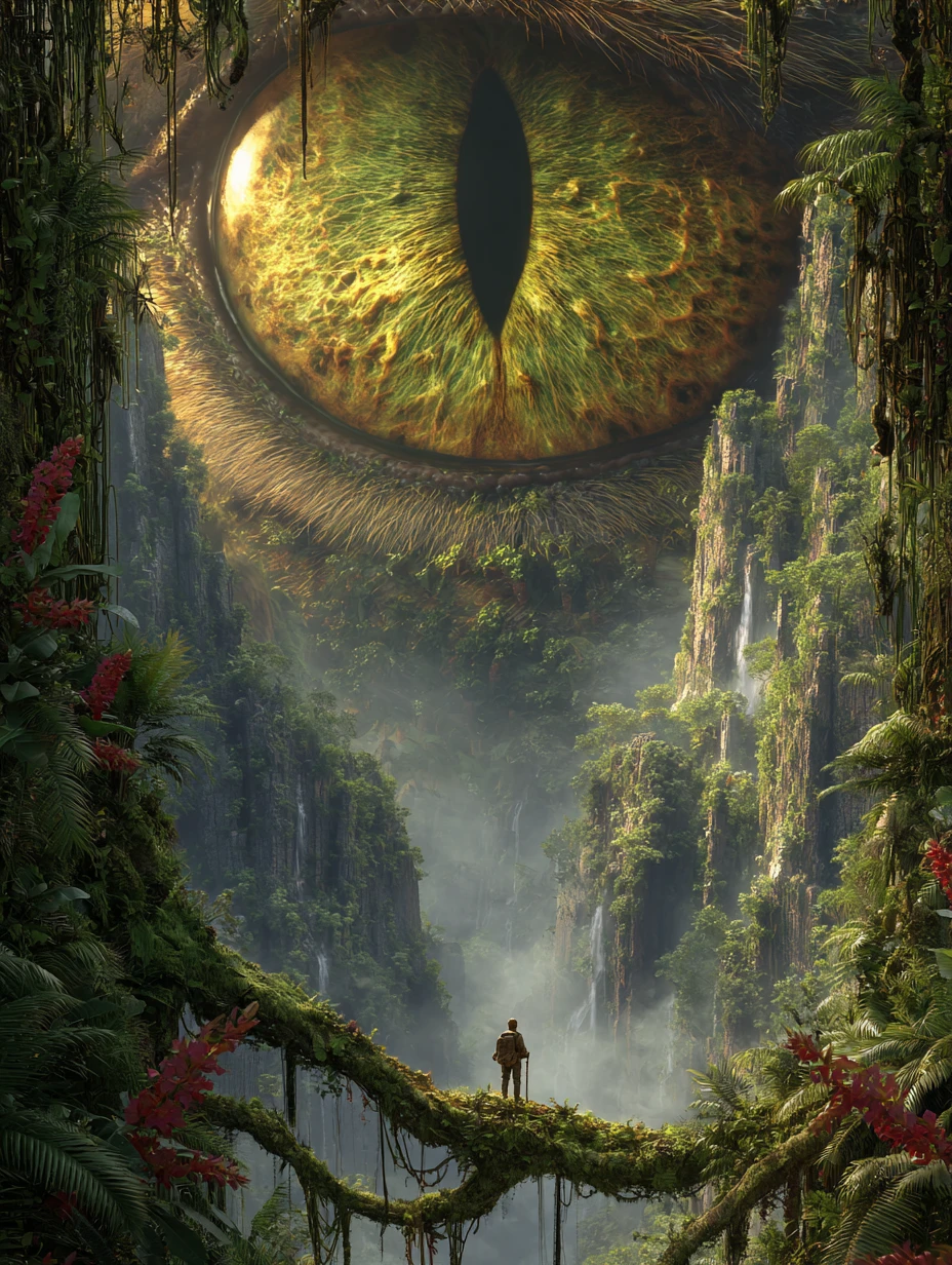 Explorateur sur un pont de lianes face à l’œil colossal d’un dragon de jungle