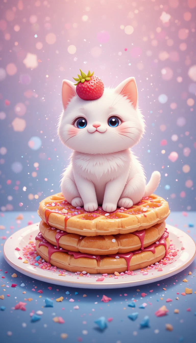 Gatinho branco fofo sentado em waffles com chapéu de morango
