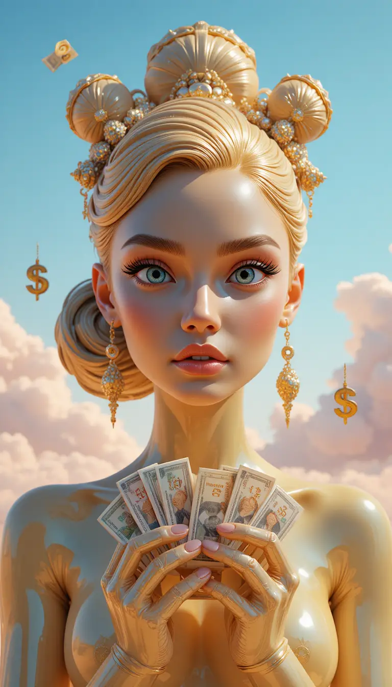 Glänzender 3D-Vinyl-Kopf einer Frau mit schwebenden Dollar-Scheinen