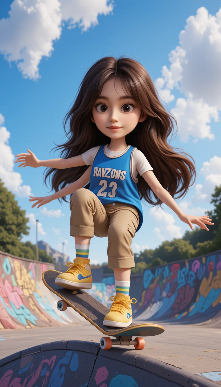 Chica al estilo Pixar haciendo skate en un colorido parque al aire libre