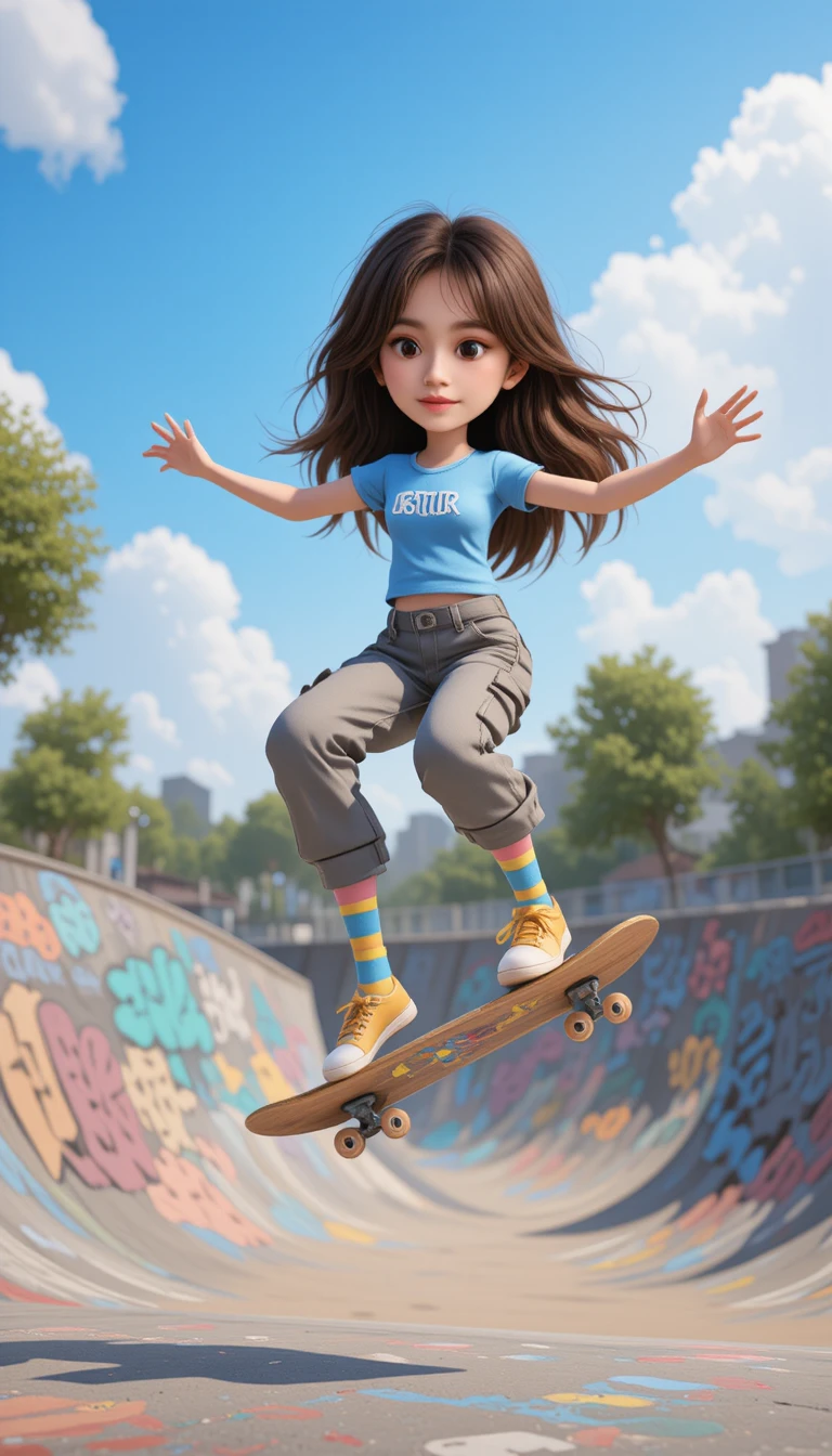 Chica patinando alto en un colorido skatepark 3D