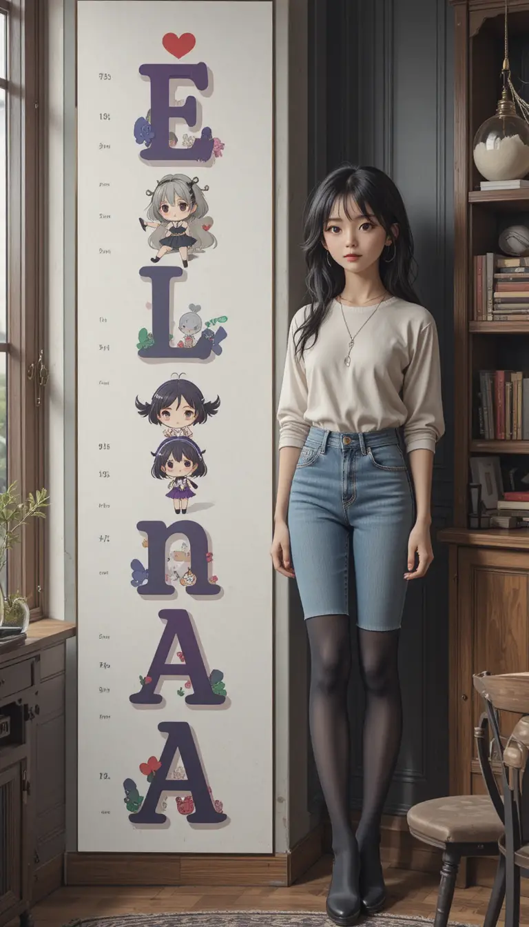 Girl beside vertical name poster with chibi versions
