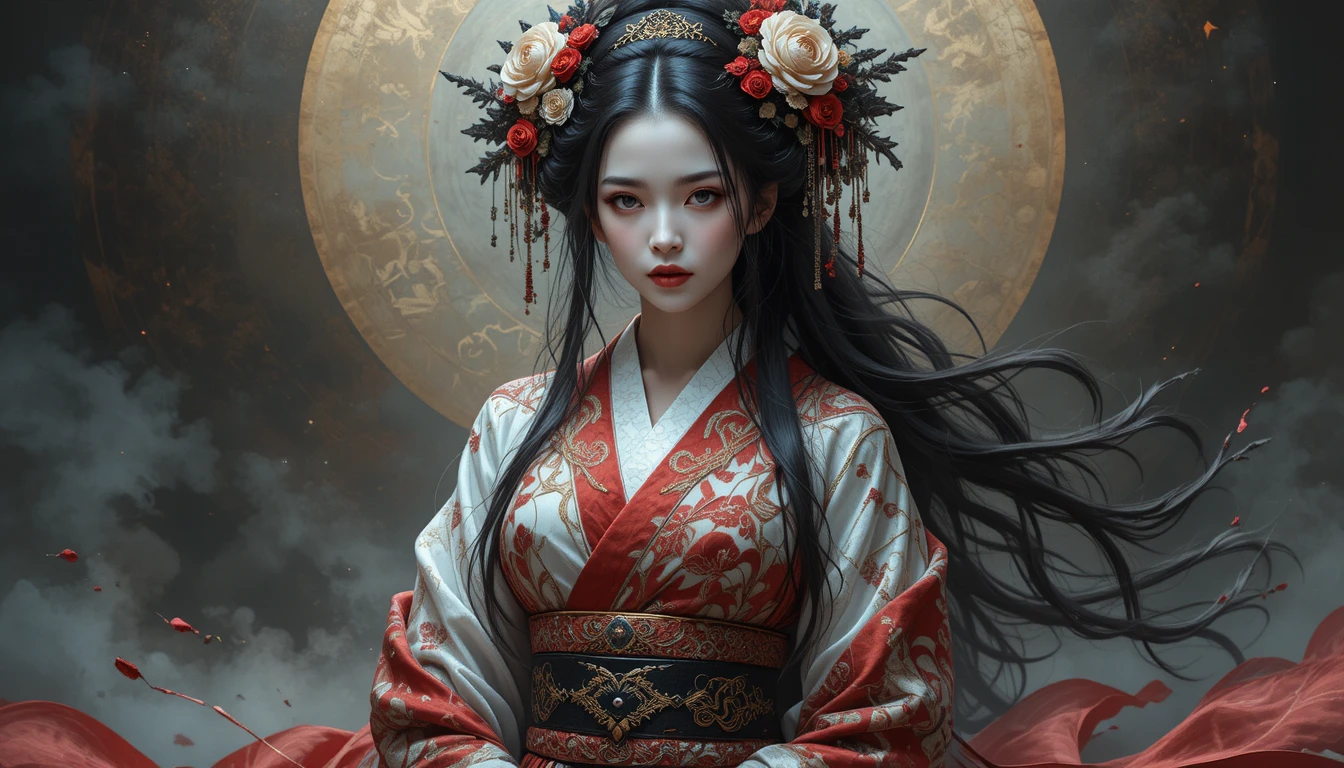 Geisha mística em quimono vermelho e preto de estilo fantasioso