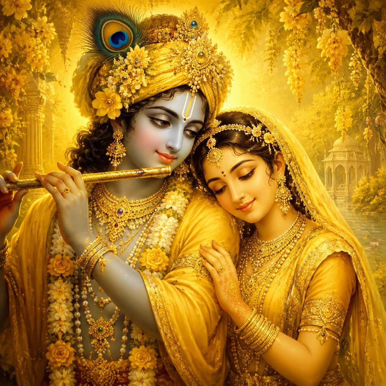 Pintura digital devocional de Radha e Krishna em tons quentes