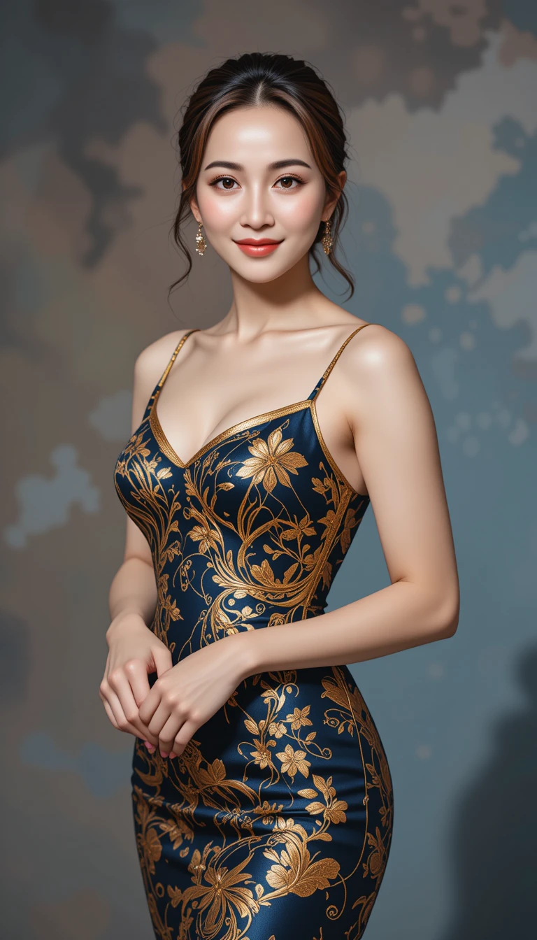 身穿金色晚宴禮服、面向鏡頭的優雅女子