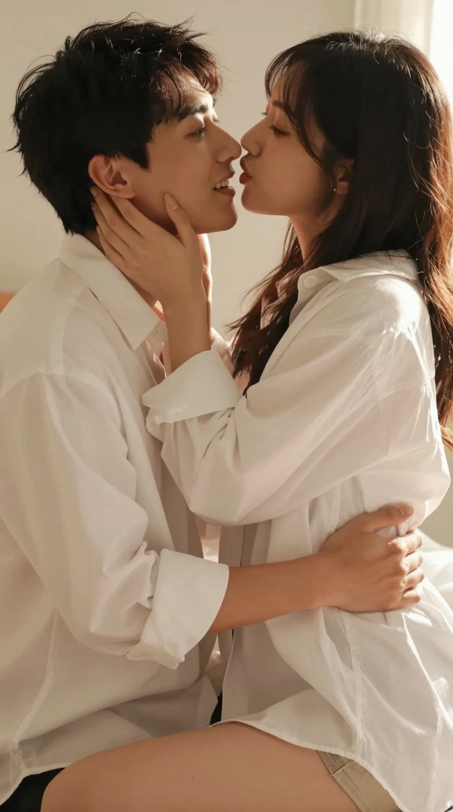 장난기 가득한 아시아 커플의 화창한 아침 속 다정한 순간