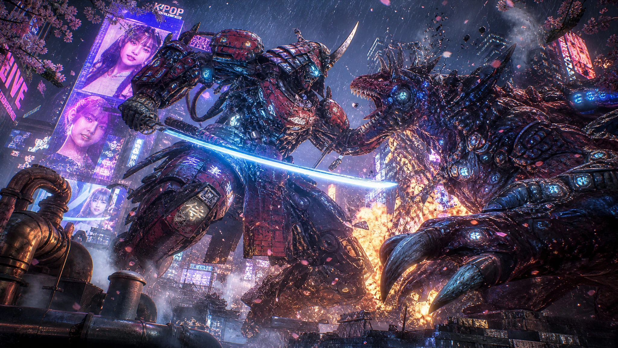 Mecha samurai enfrentando kaiju em cidade futurista neon