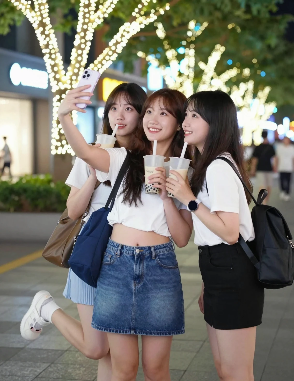 Amiche asiatiche sorridenti che si fanno un selfie in strada
