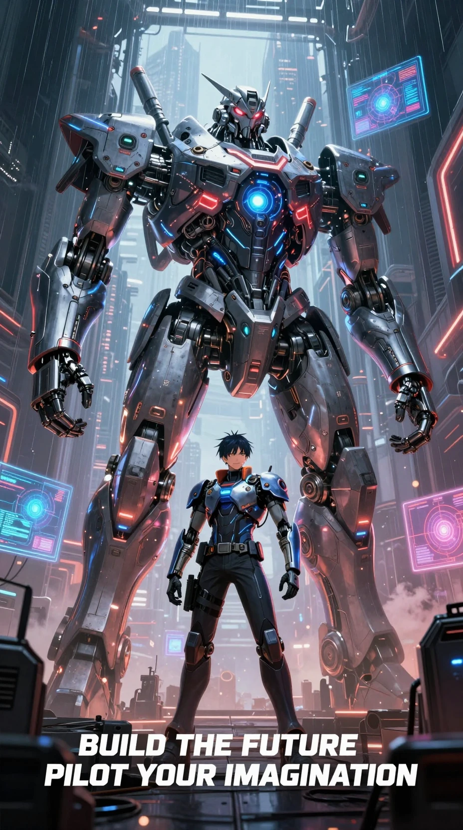 Lendário piloto de mecha diante de uma imponente máquina de batalha
