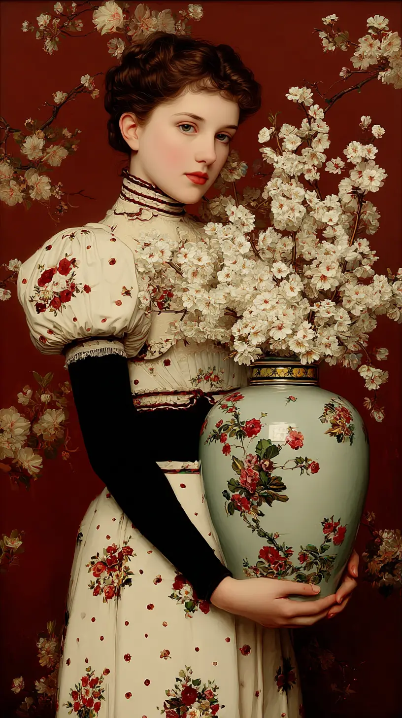 Editorial oil painting of a vase with cherry blossom flowers