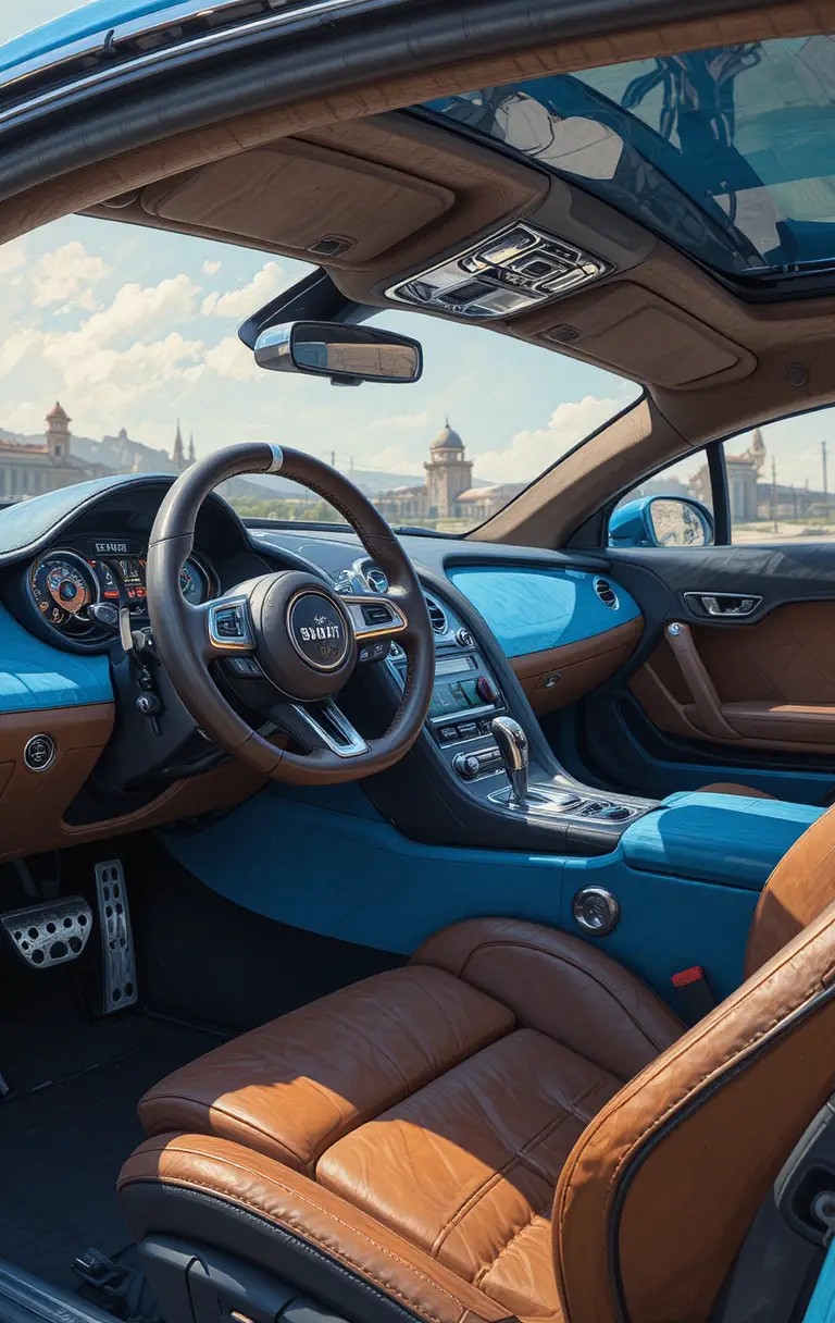 Habitacle luxueux de voiture de sport Bugatti en cuir bleu et brun