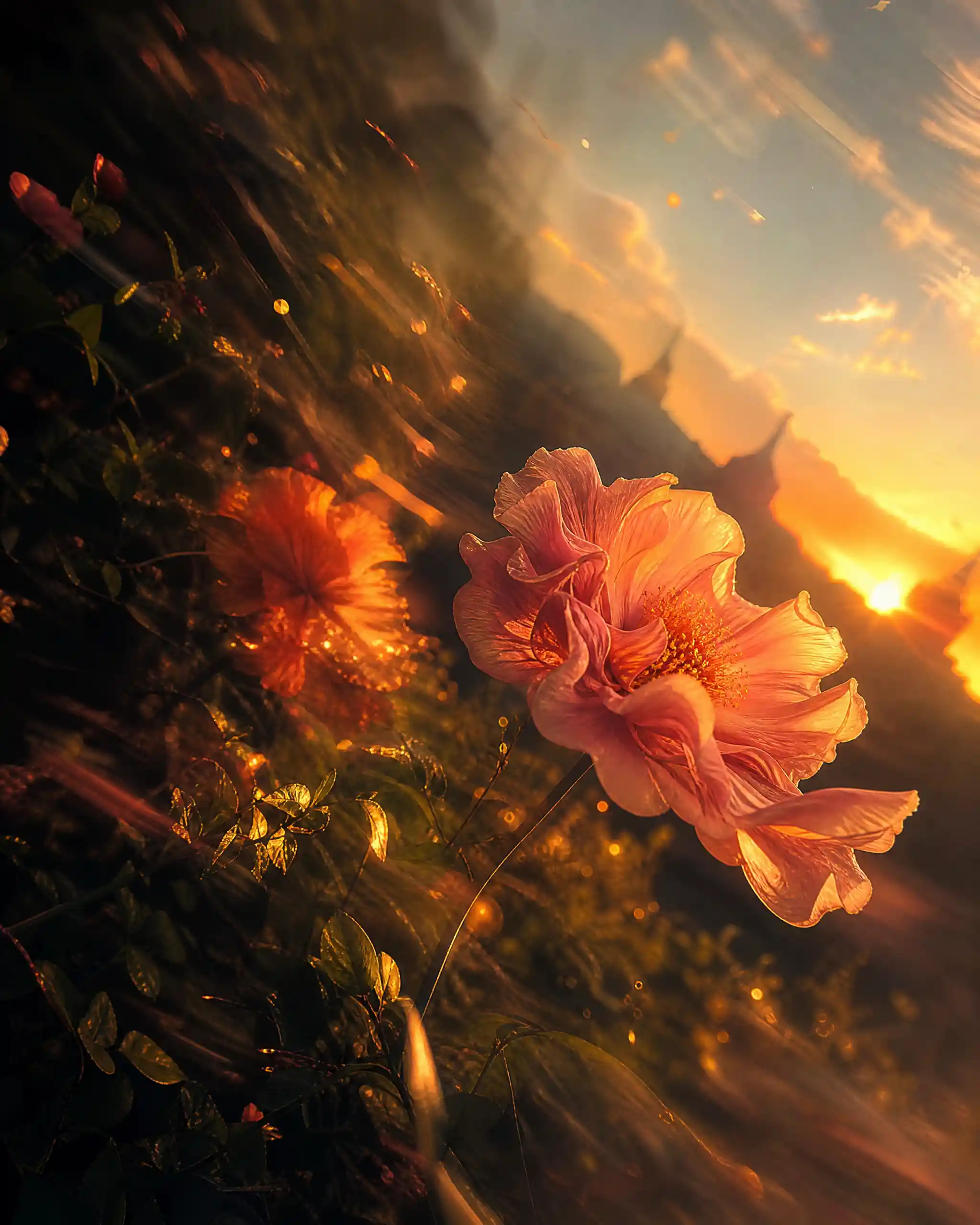 Golden flowers glowing softly in the sunset breeze