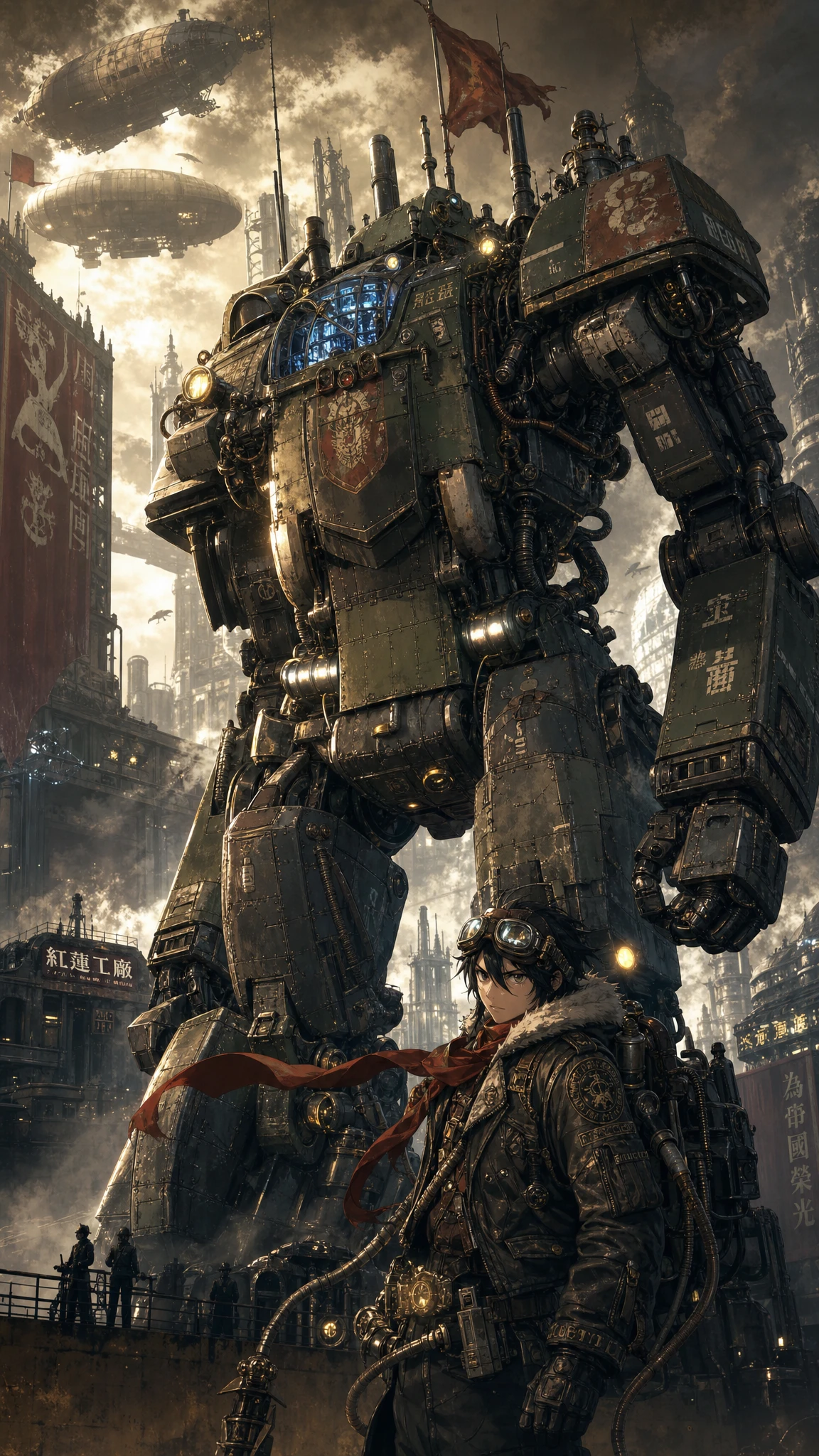Mecha dieselpunk gigante sobre um campo de batalha industrial tempestuoso