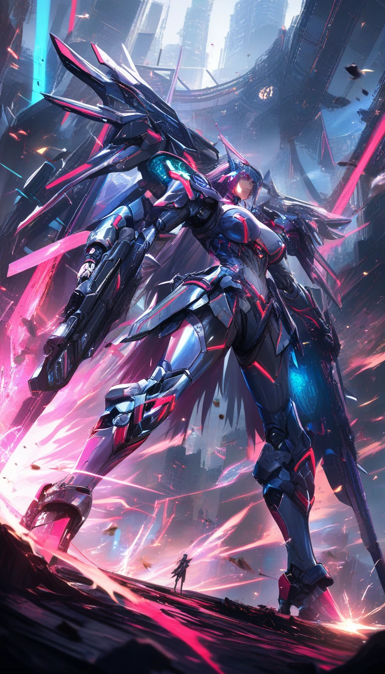 Colossale dea mecha che discende su una megacittà futuristica al neon