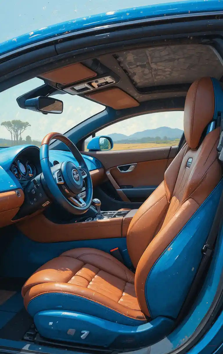 Cockpit de voiture de luxe avec détails en cuir bleu et brun