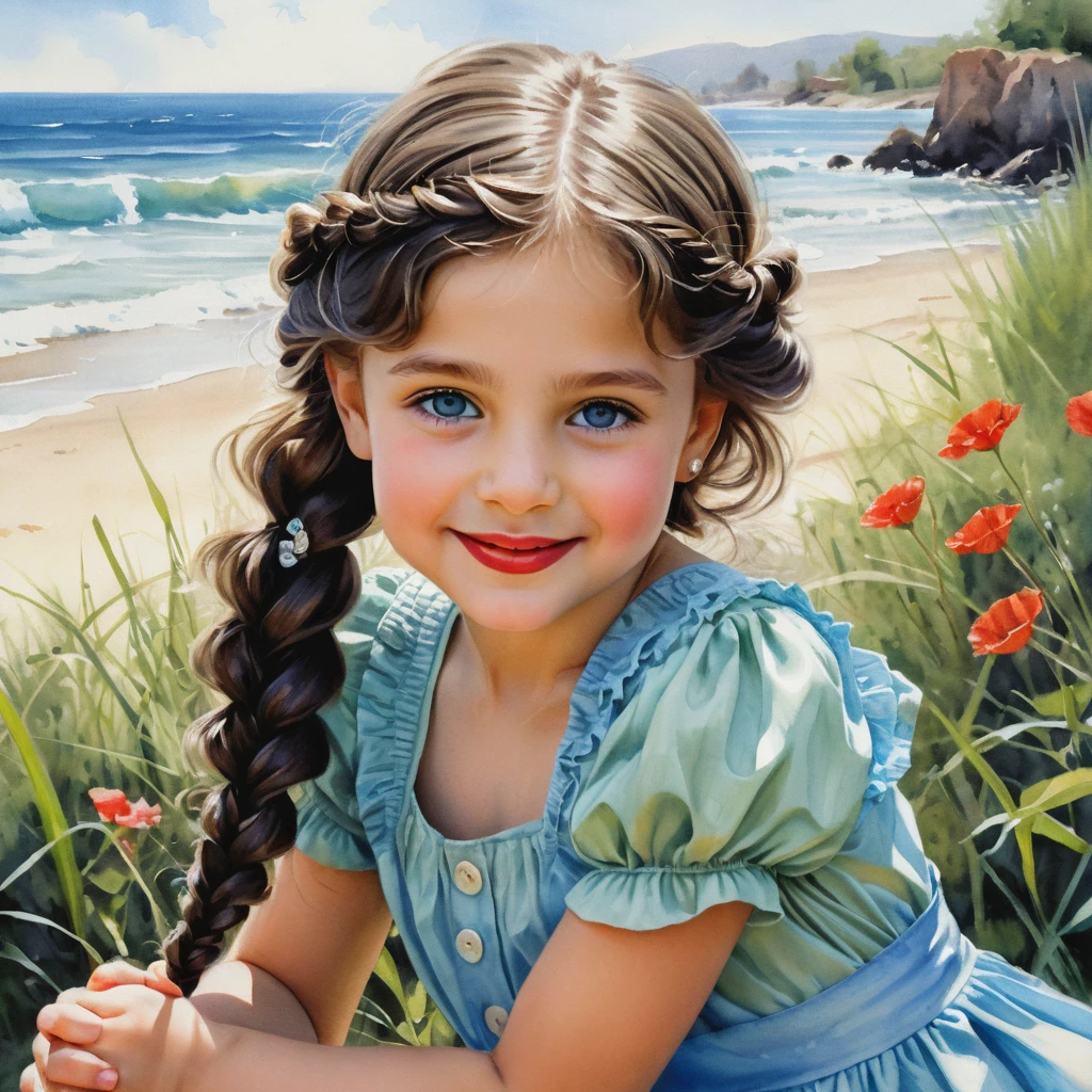 Niña sonriente con vestido rojo y boina verde lima