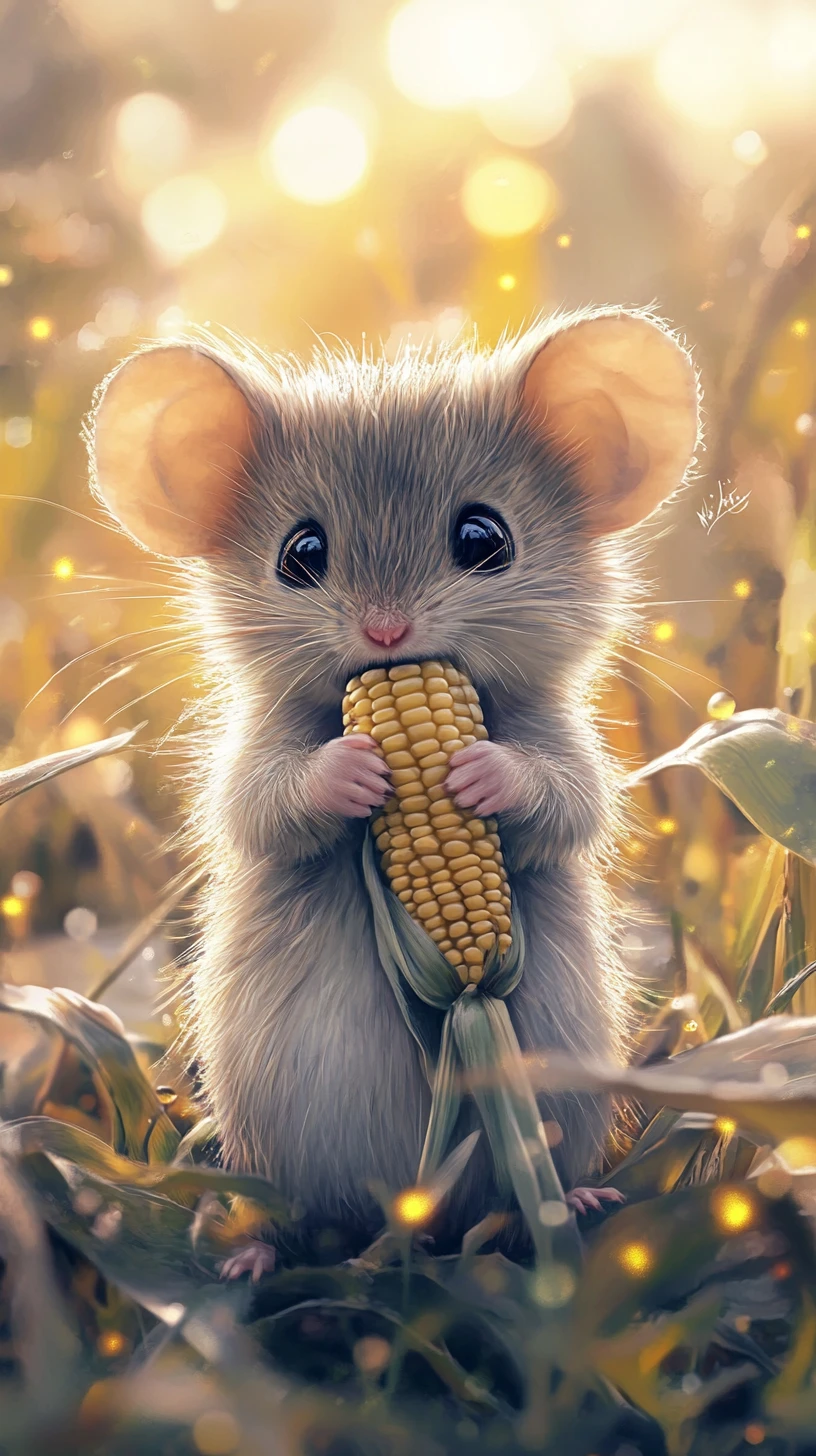 Niedliche Maus hält einen Maiskolben in einem weichen Aquarellfeld