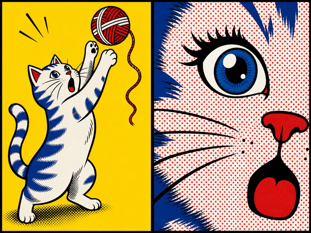 Chat blanc cartoon attrapant une pelote de laine rouge sur fond jaune