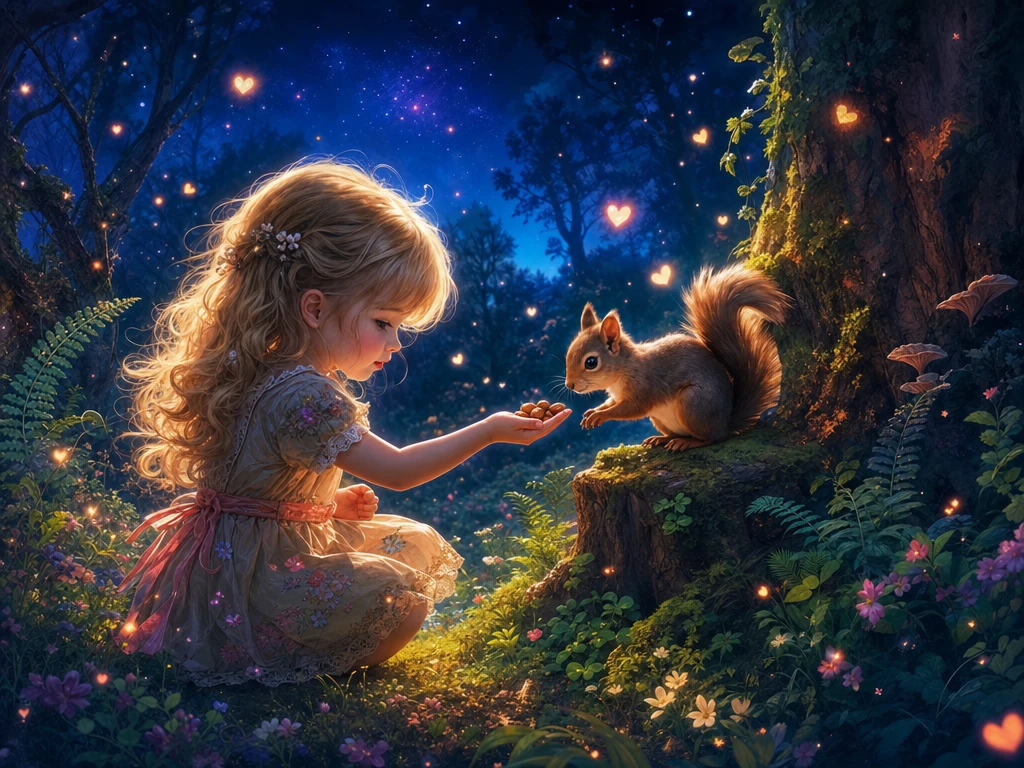 Kleines Mädchen füttert ein Eichhörnchen in einem magischen Wald