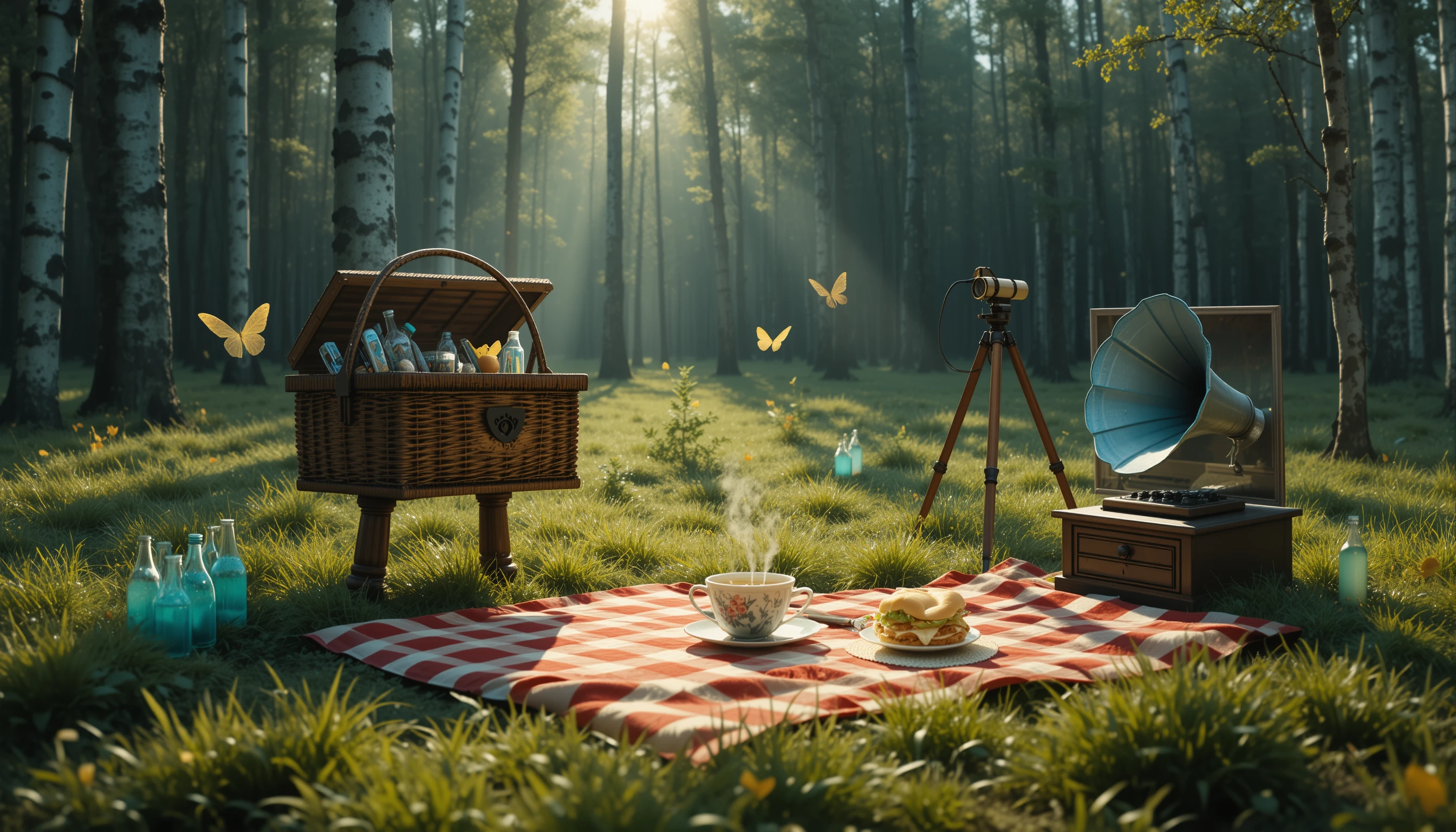 Verzauberte Picknickobjekte bewegen sich in einer stillen Waldlichtung