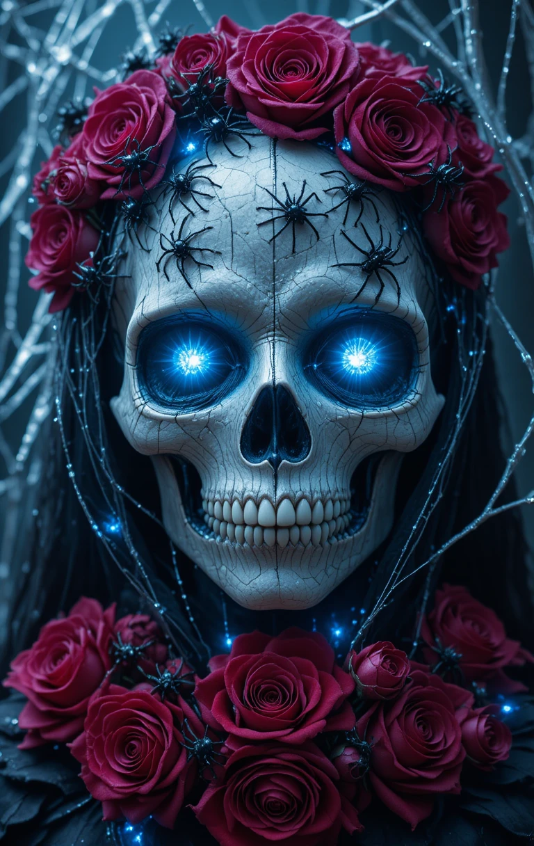 Goule au crâne effrayant aux yeux bleus luisants et roses