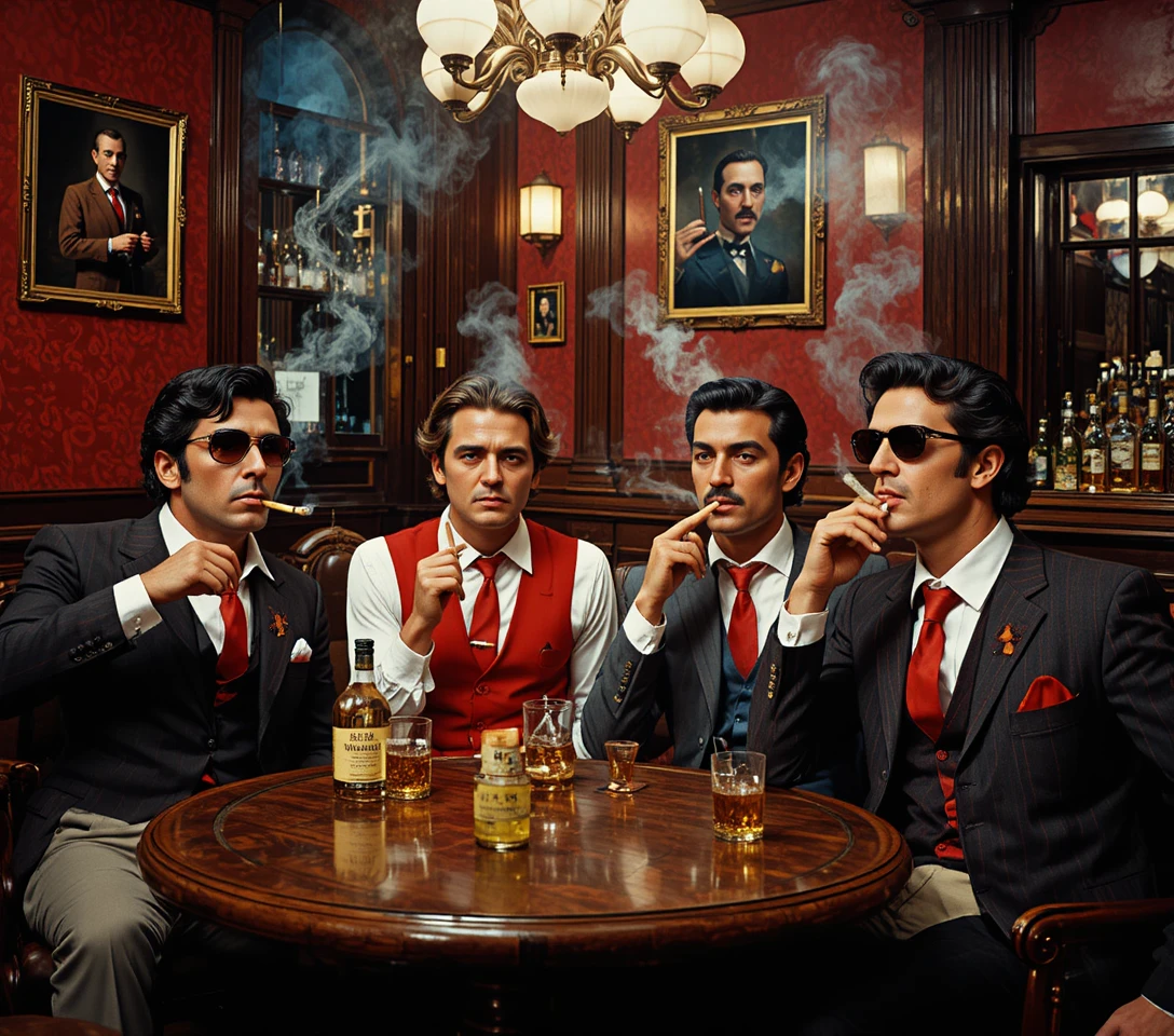 Four men in suits smoking cigars in a dark bar