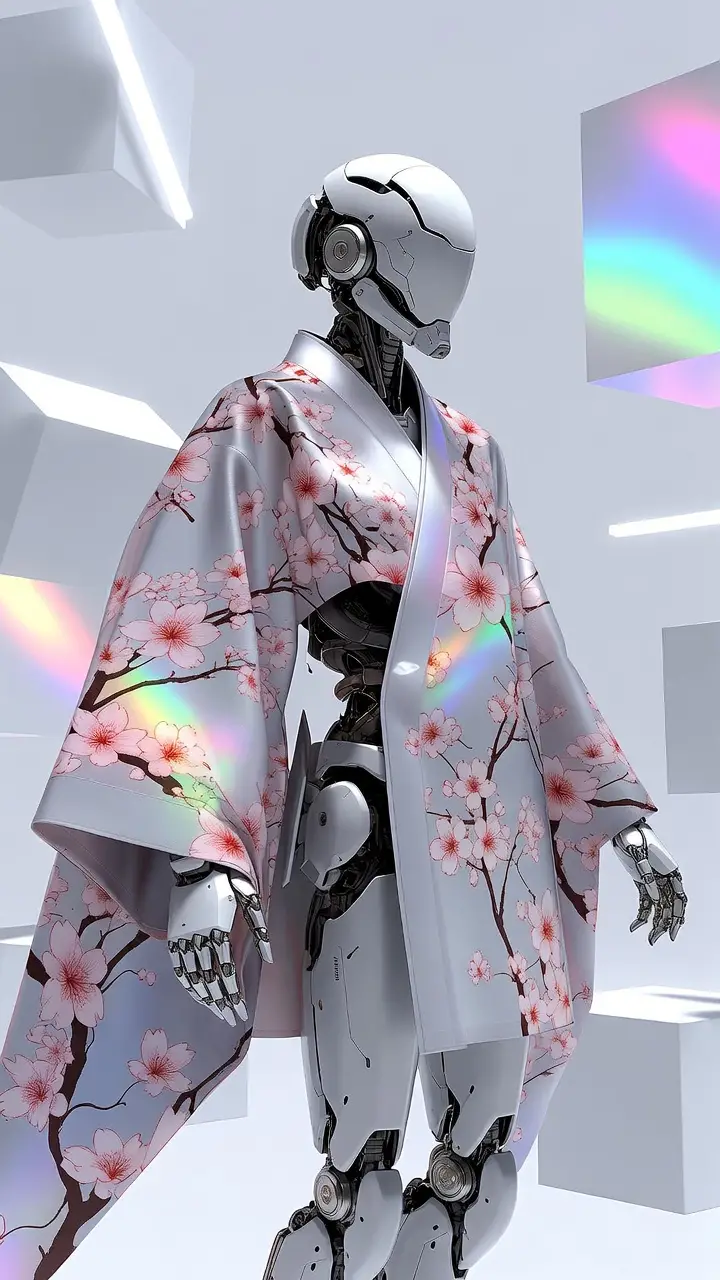 Futuristic mecha in flowing smart fabric kimono design